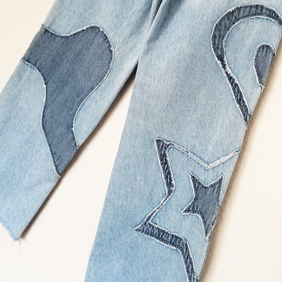 Pacsun Eco Light Blue Patchwork 90s Baggy Jeans 27 Wide Leg Baggy Heart Star Y2K - Picture 12 of 15